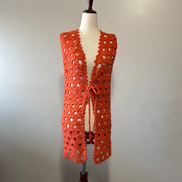 Handmade knit crocheted tie front duster - Picture 1 of 6